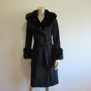 VIA SPIGA Black Faux Fur Trim Wool Belted XXS Coat